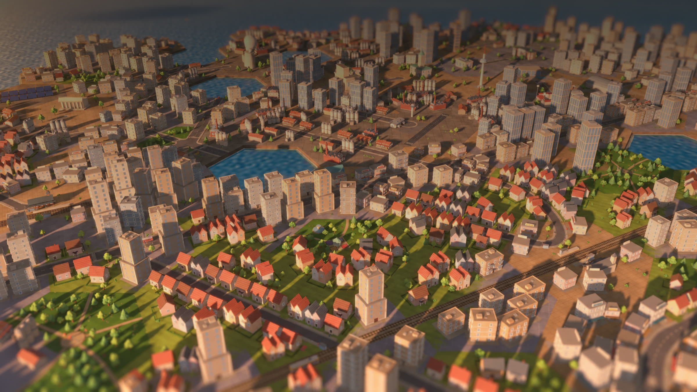 A sprawling low-poly city of red-roofed houses, apartment blocks, parks and hexagonal ponds in warm evening light