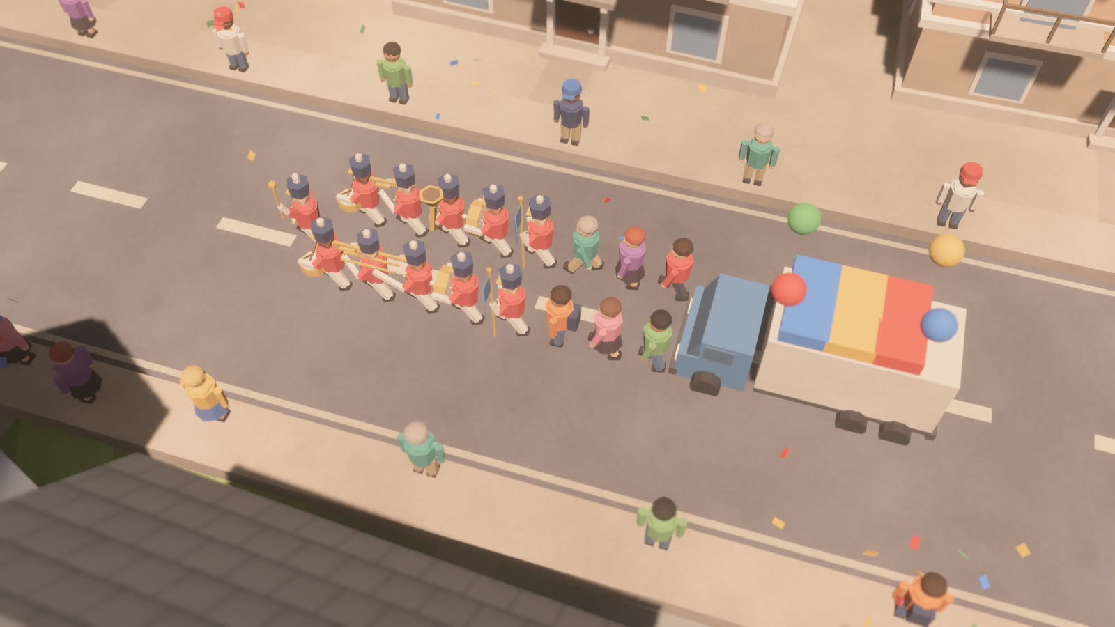 A marching band in red uniforms and tall hats leading a colourful parade float down a street, confetti in the air
