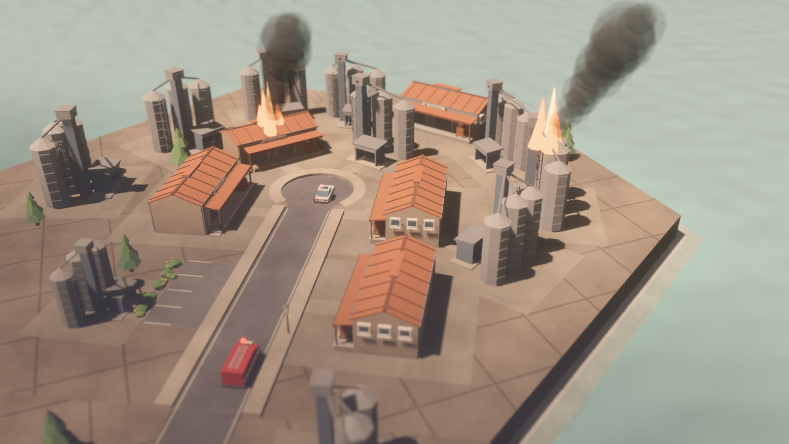 Smoke rising from burning buildings in an industrial district