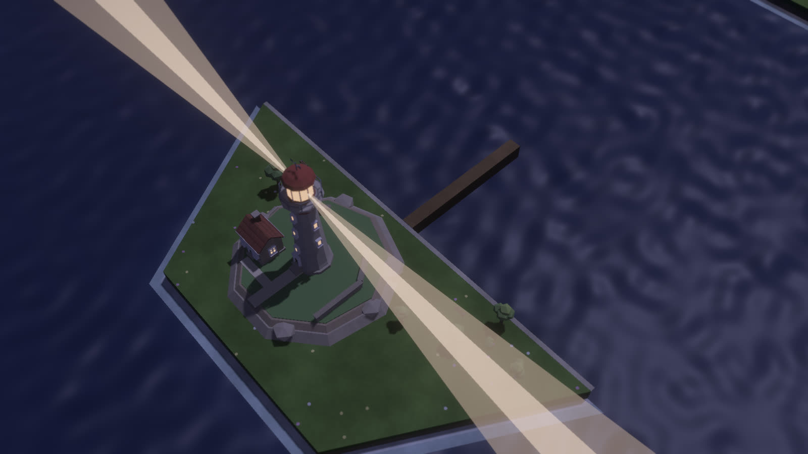 A lighthouse on a green island tile sweeping its beam over dark water